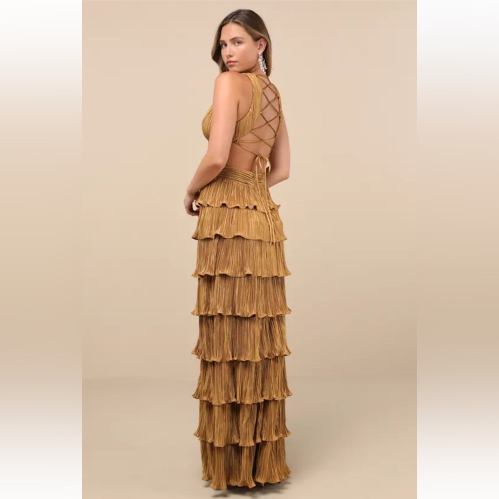 Lulu’s Gold Satin Formal Tiered Lace Up Maxi Dress - Picture 2 of 15